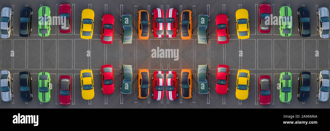 Colorful Ford Mustangs, Mustang Club in Reykjavik, Iceland. Drone photography. Stock Photo