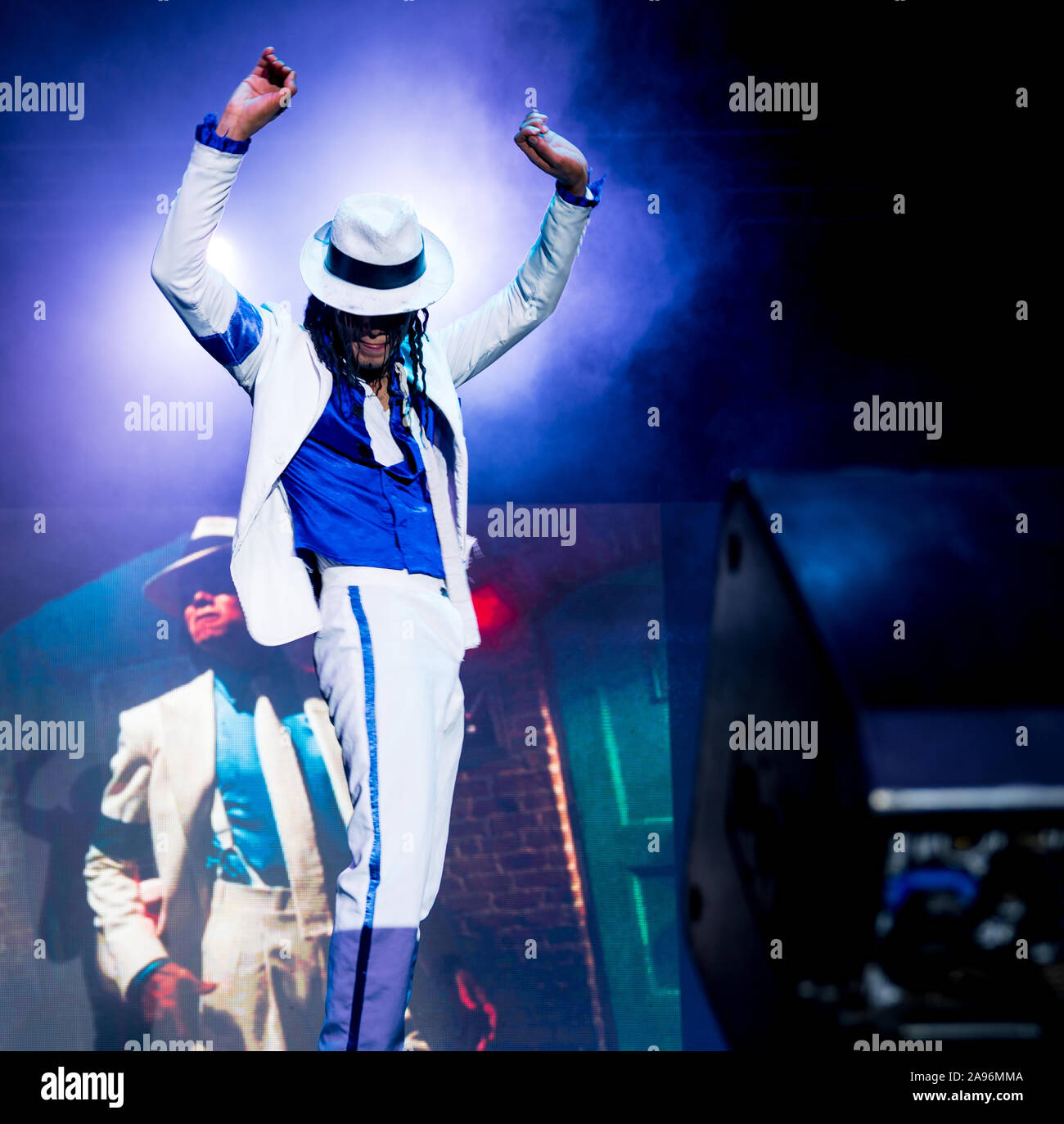 Punta Cana, Dominican Republic: October 21, 2019: A Michael Jackson impersonator performs one of MJ's greatest hits. Stock Photo