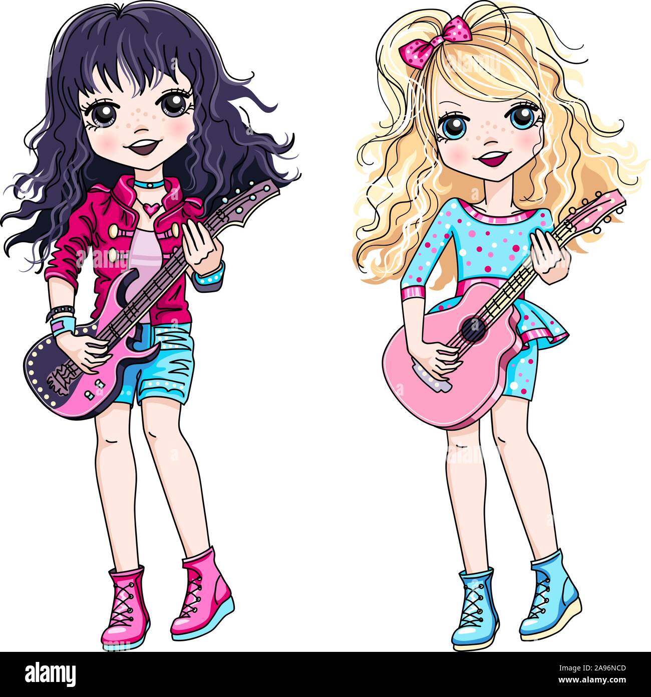 Vector cool rock stars brunette and blond baby girls musician playing guitar. Stock Vector
