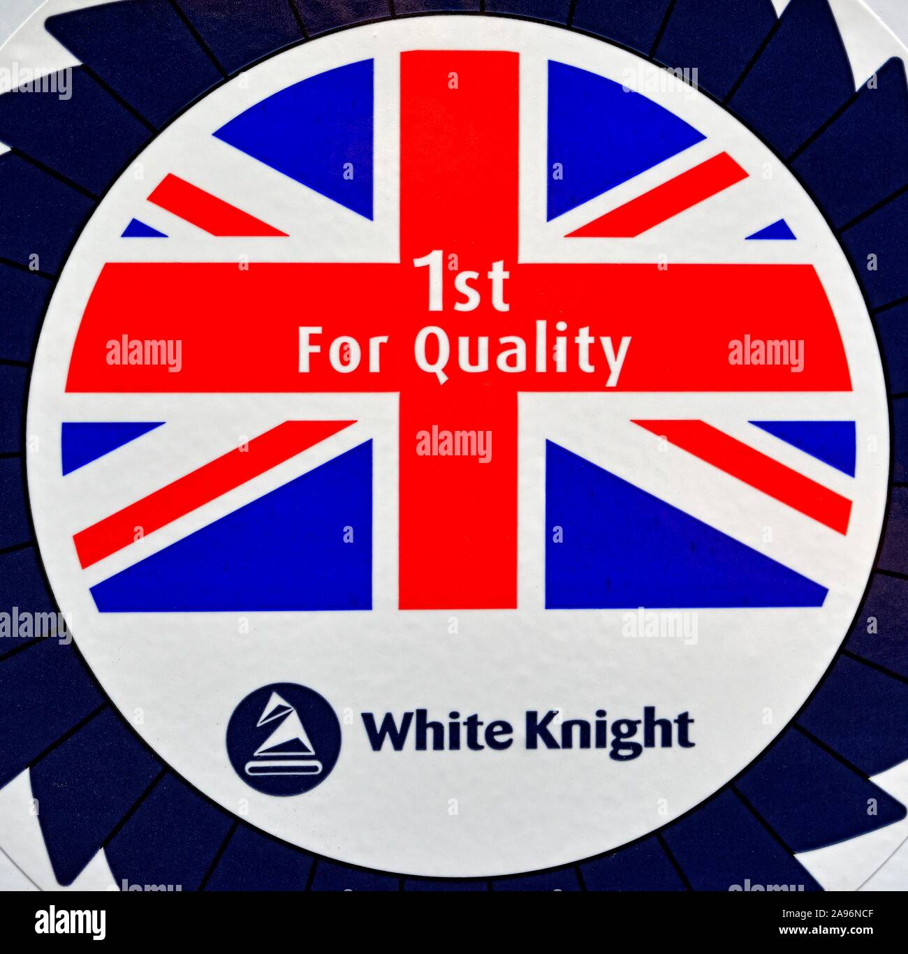White Knight,British manufacturer of washing machines and dryers. 1st for quality union jack flag logo sticker. Stock Photo