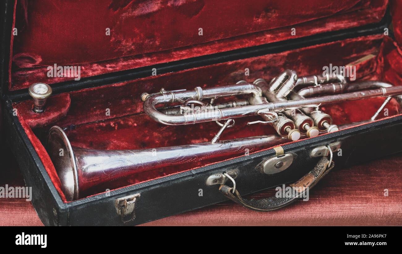 Silver trumpet in a red case Stock Photo Alamy