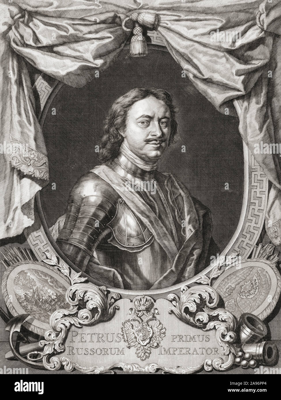 Peter the Great, Peter I or Pyotr Alexeyevich Romanov, 1672 – 1725. Tsar of Russia.  After a print by Jacob Houbraken, after a work by Carel de Moor (II). Stock Photo
