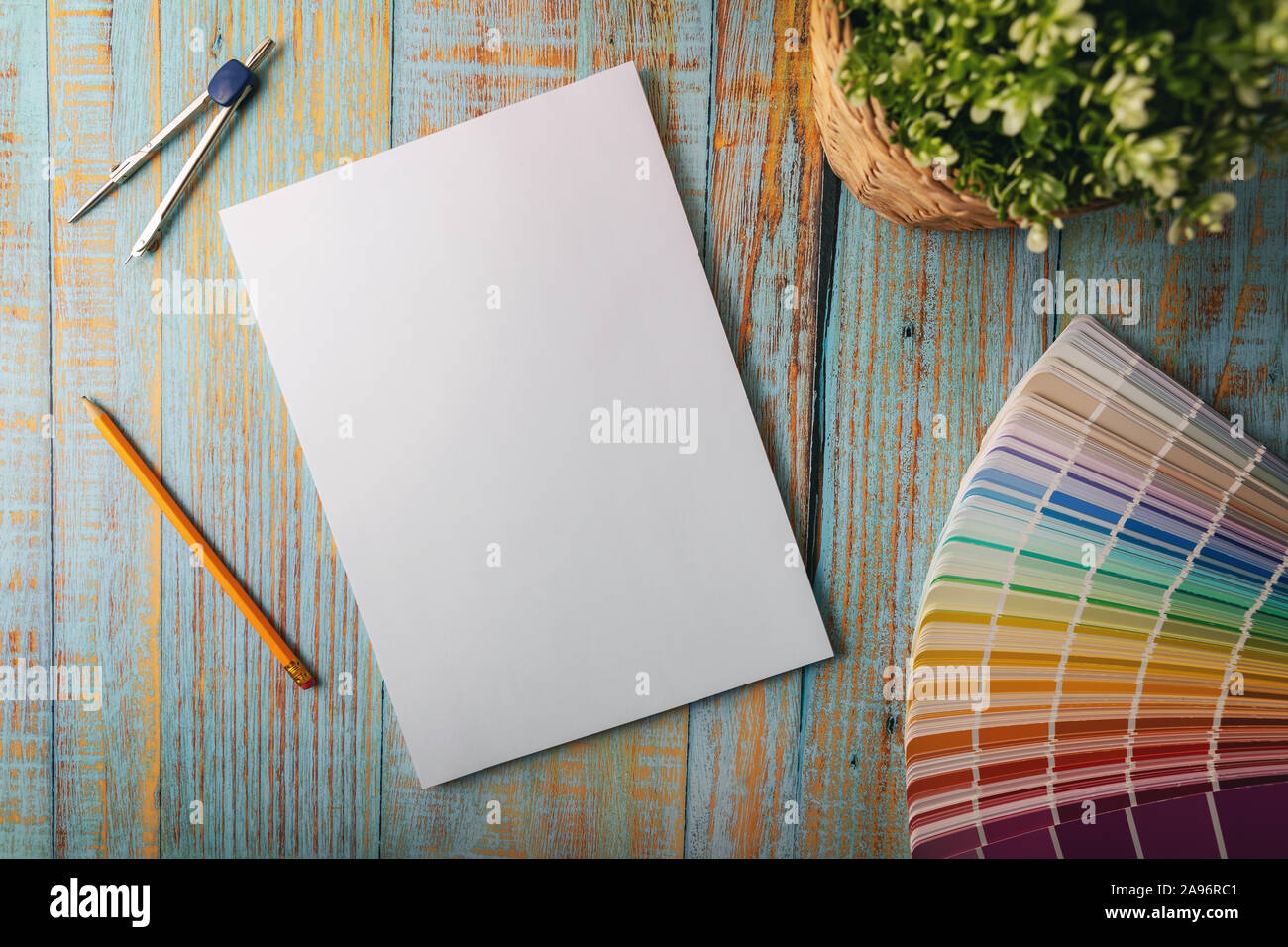 design mockup - blank notebook with color swatch. top view Stock Photo