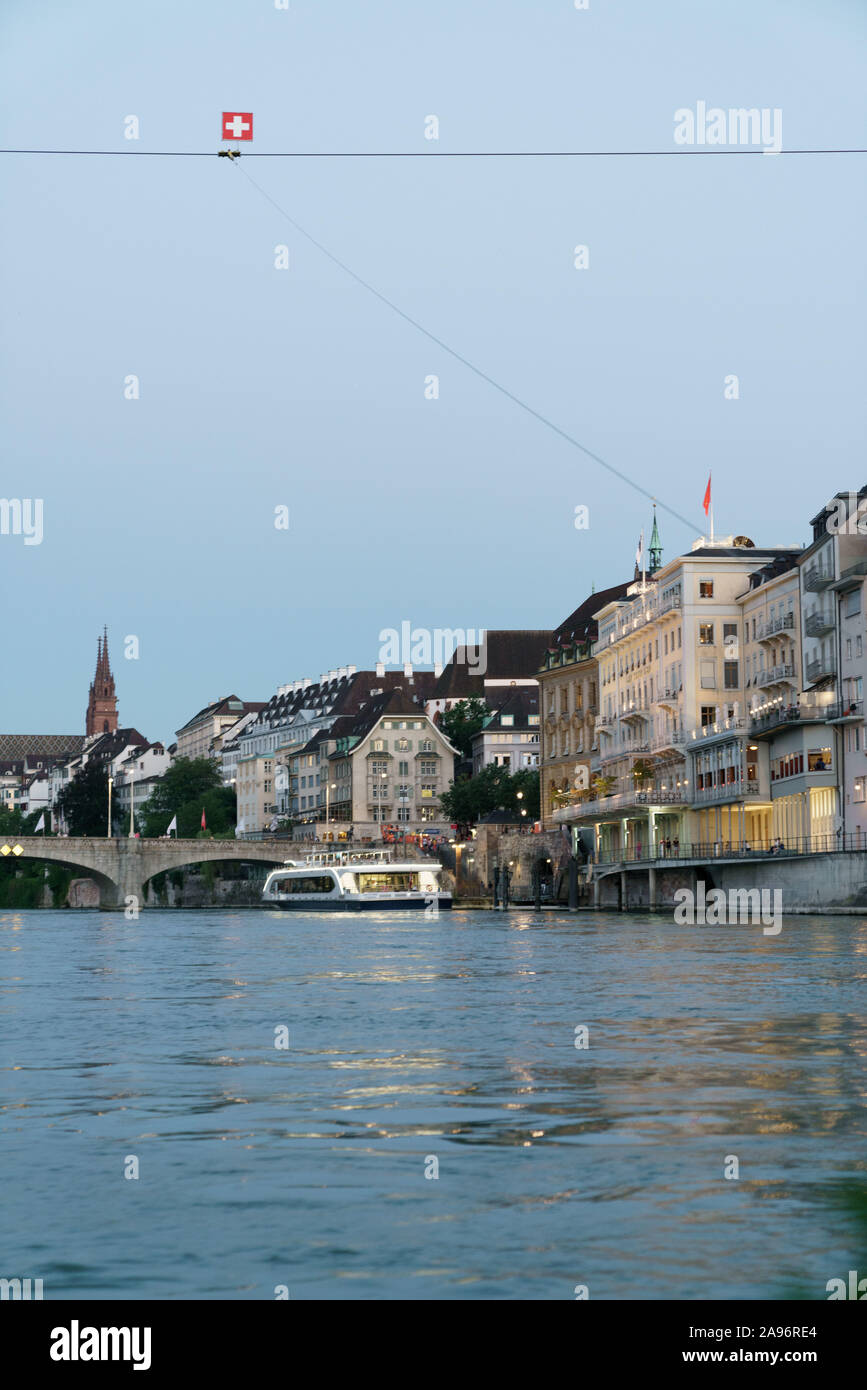 Rhine river in Basel in the evening. Stock Photo