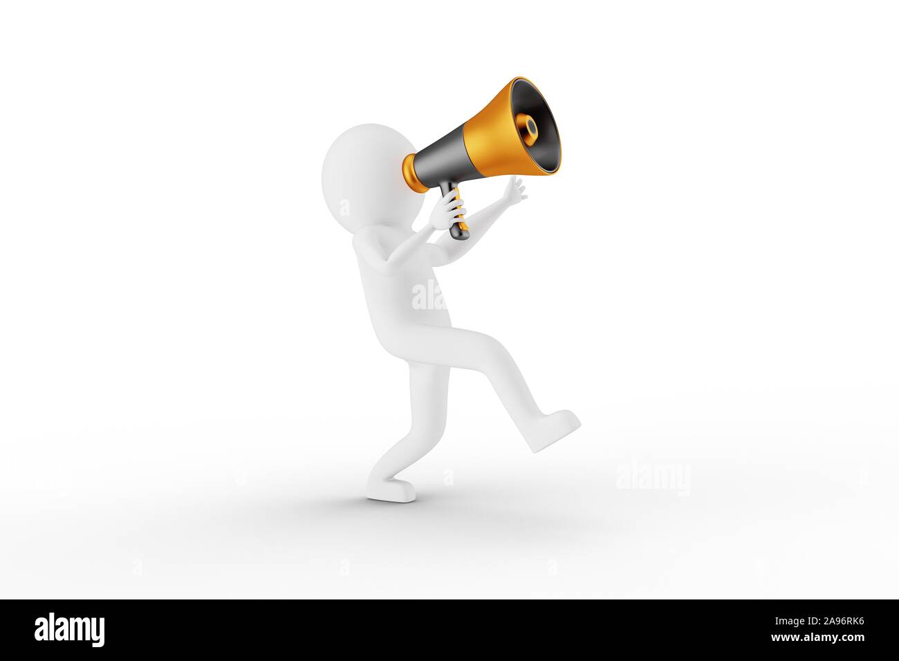 3D Man is shouting from a megaphone against white background. 3D rendering. Stock Photo