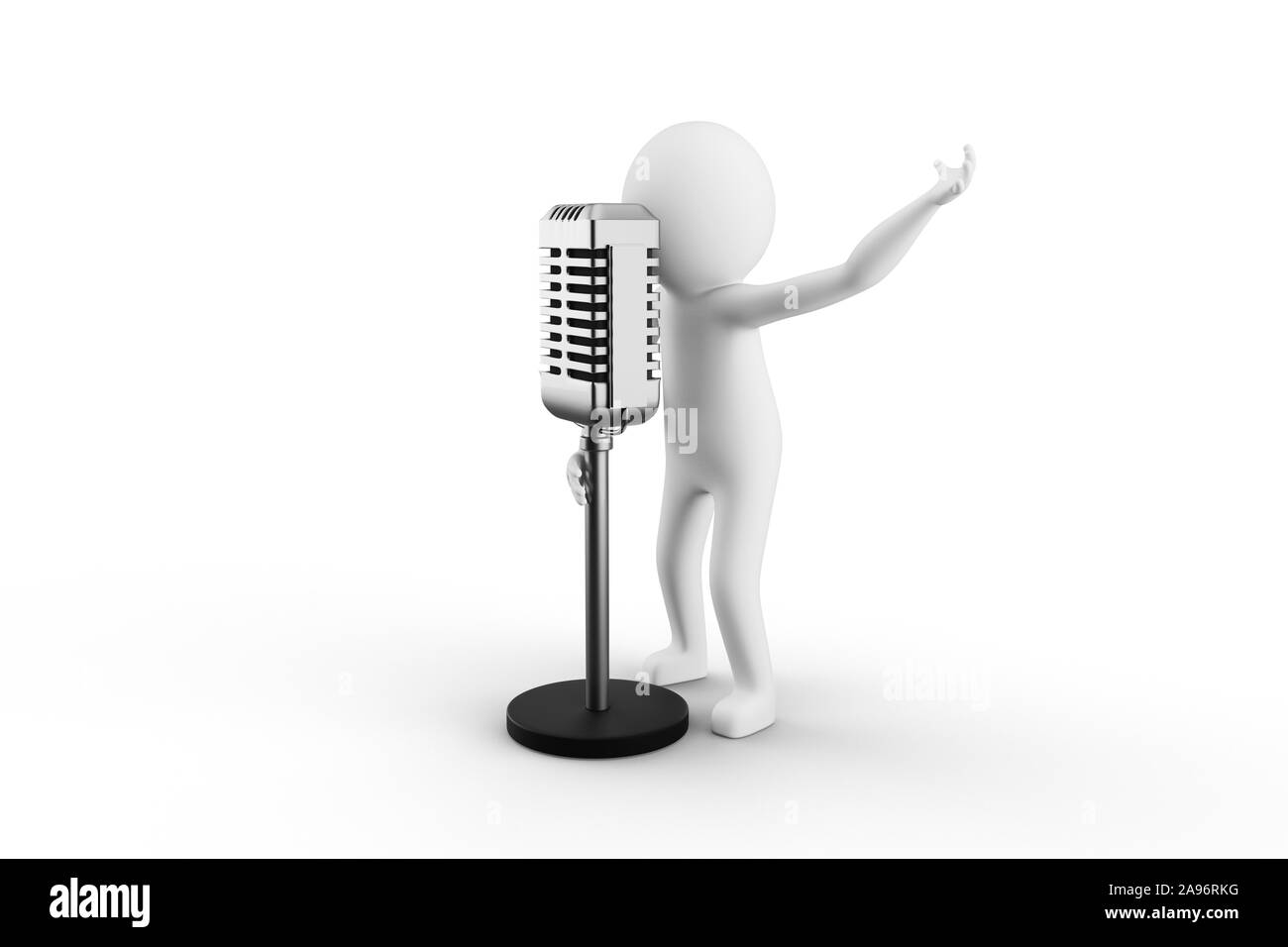 3D Man is singing to an old microphone against white background. 3D rendering. Stock Photo