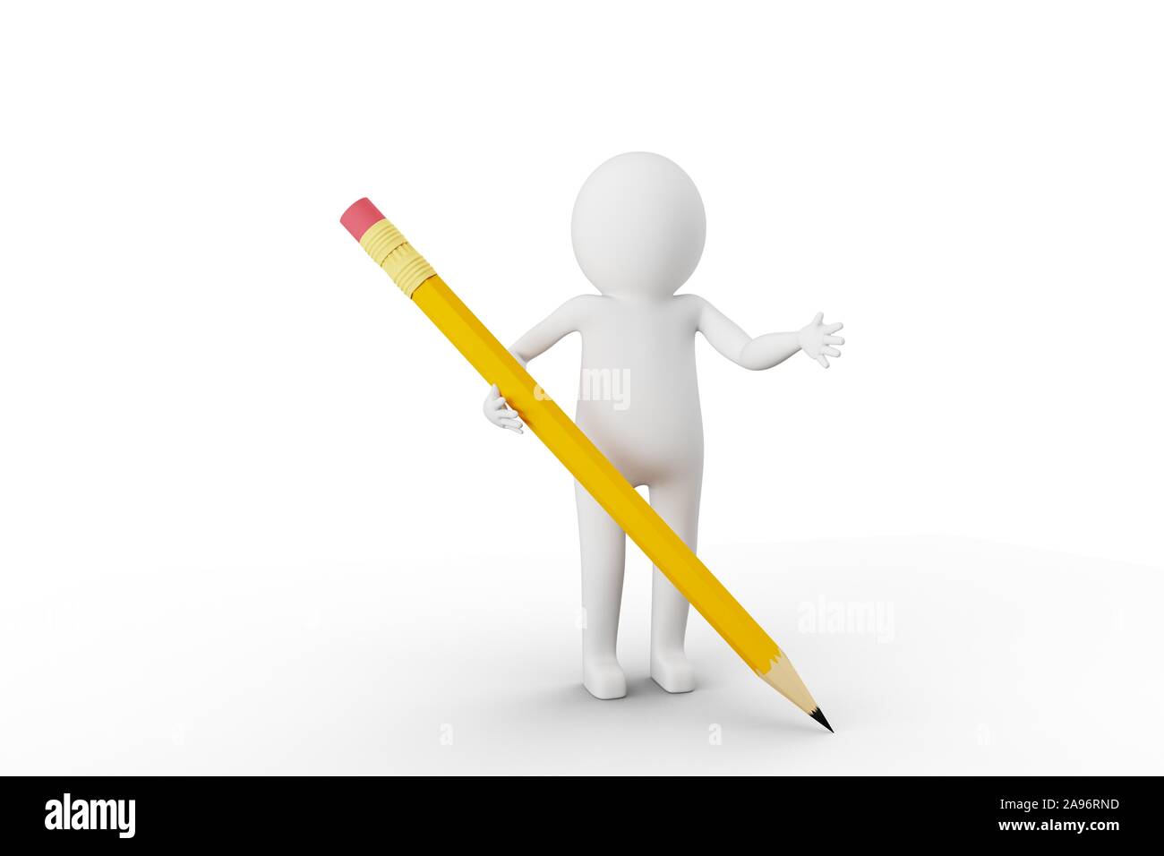 3D Man is holding a pencil against white background. Easy to crop for ...