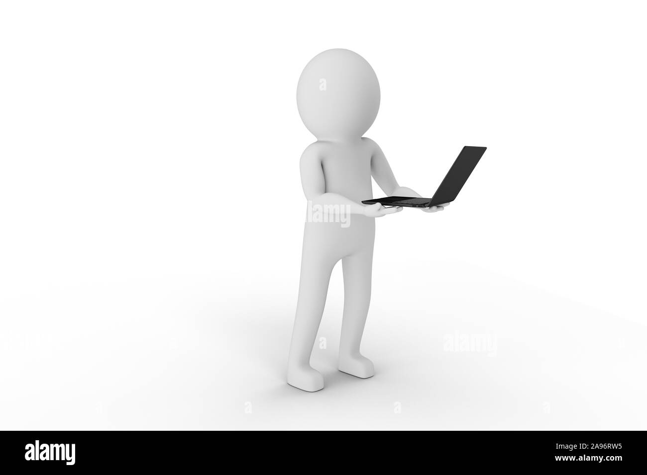 3D Man is holding a laptop against white background. High quality 3D ...