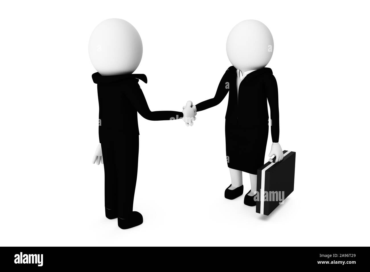 3D businessman and woman are shaking hands in business suits against white background. High quality 3D renders of several poses from 3D man in plain w Stock Photo