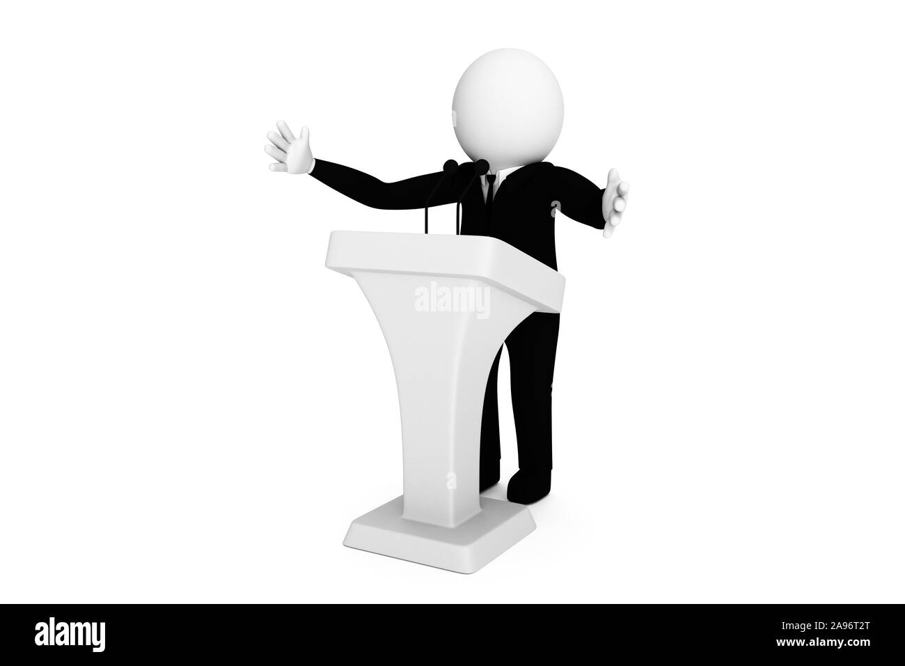 3D businessman is making a speech against white background. High quality 3D renders of several poses from 3D man in plain white. 3D rendering. Stock Photo