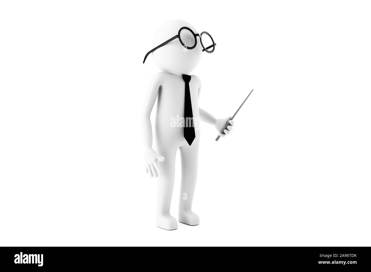 3D man with glasses is making a business presentation with his stick against white background. High quality 3D renders of several poses from 3D man in Stock Photo