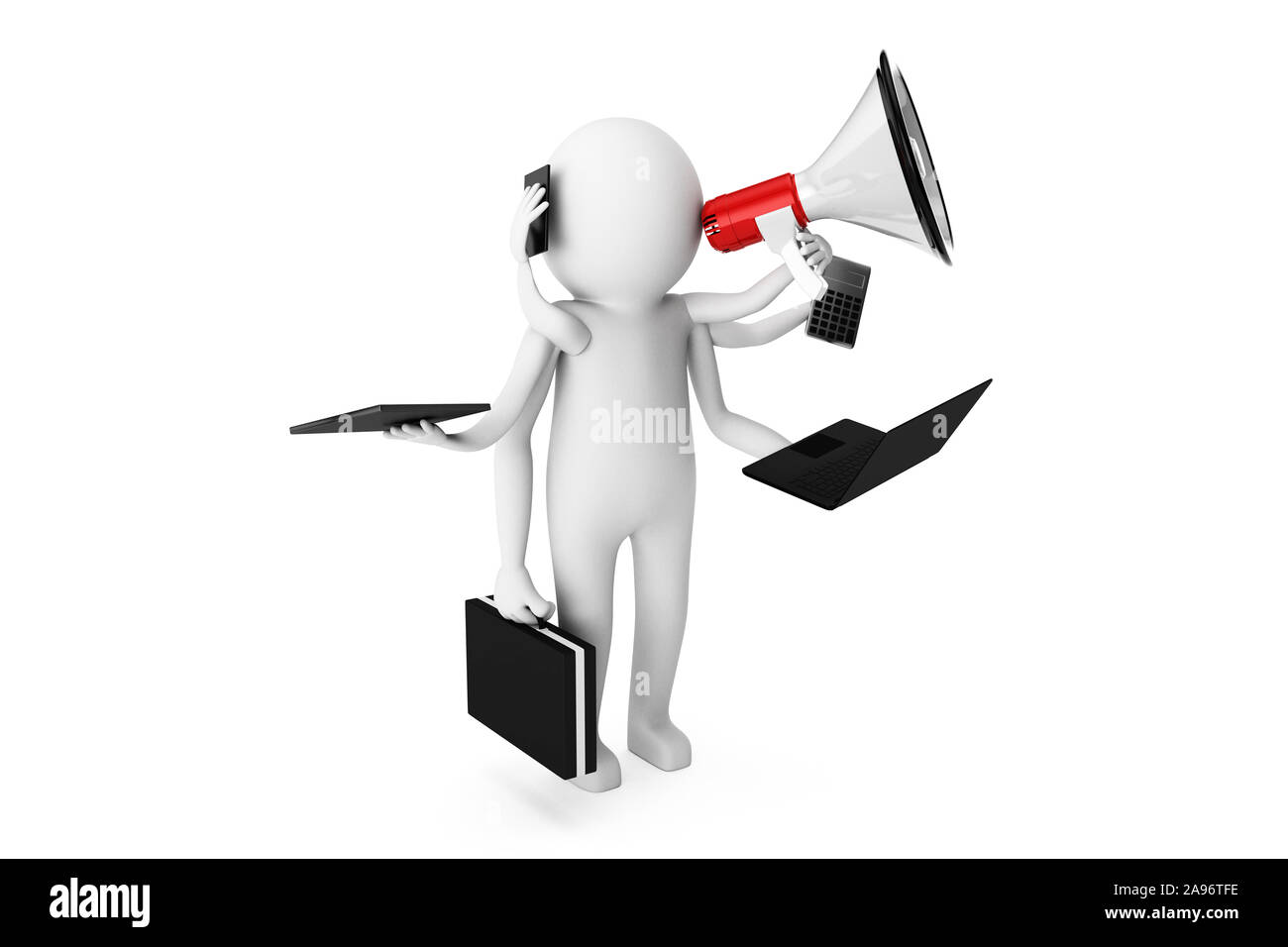 3D Man is multitasking in office life on a white background. High quality 3D renders of several poses from 3D man in plain white. 3D rendering. Stock Photo