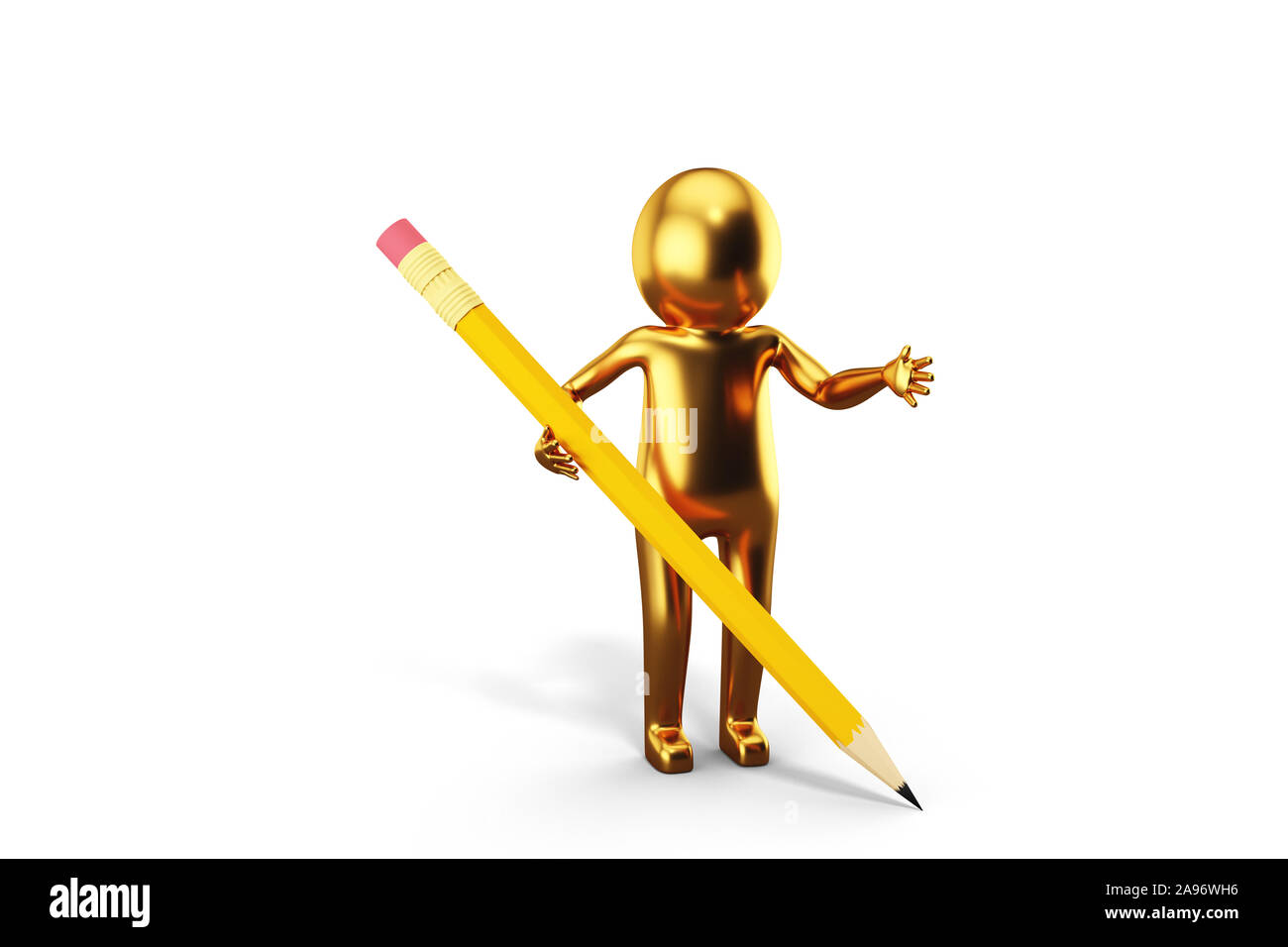 3D Golden Man is holding a pencil against white background. 3D ...