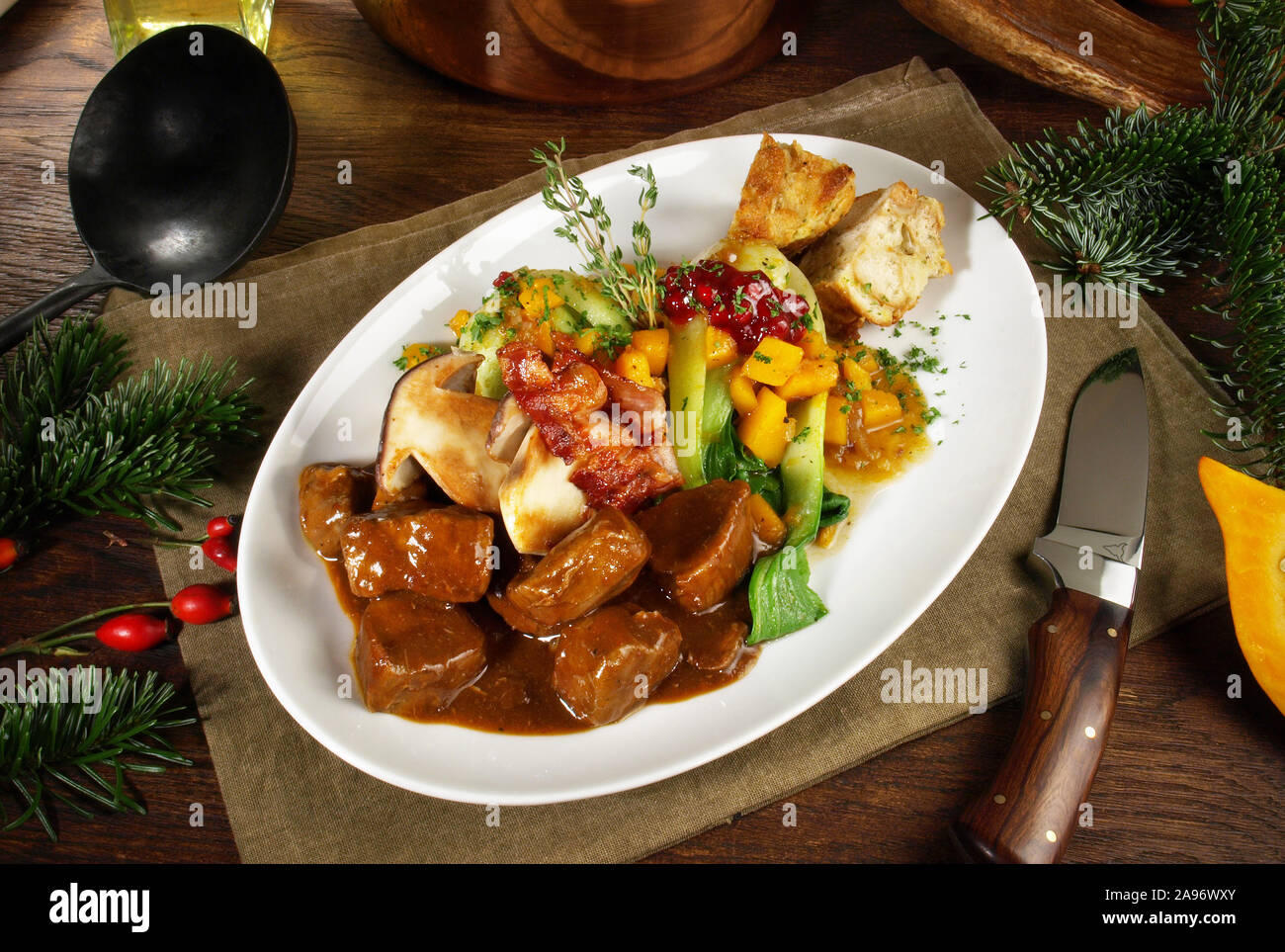 Deer Ragout with Mushrooms - Wild Game Meat Stock Photo