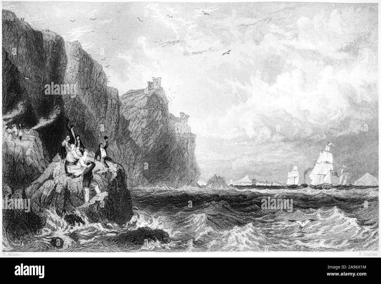 An engraving of Fast Castle, Berwickshire - The Royal Squadron Conveying His Majesty George IV towards Edinburgh scanned  from a book printed in 1859. Stock Photo