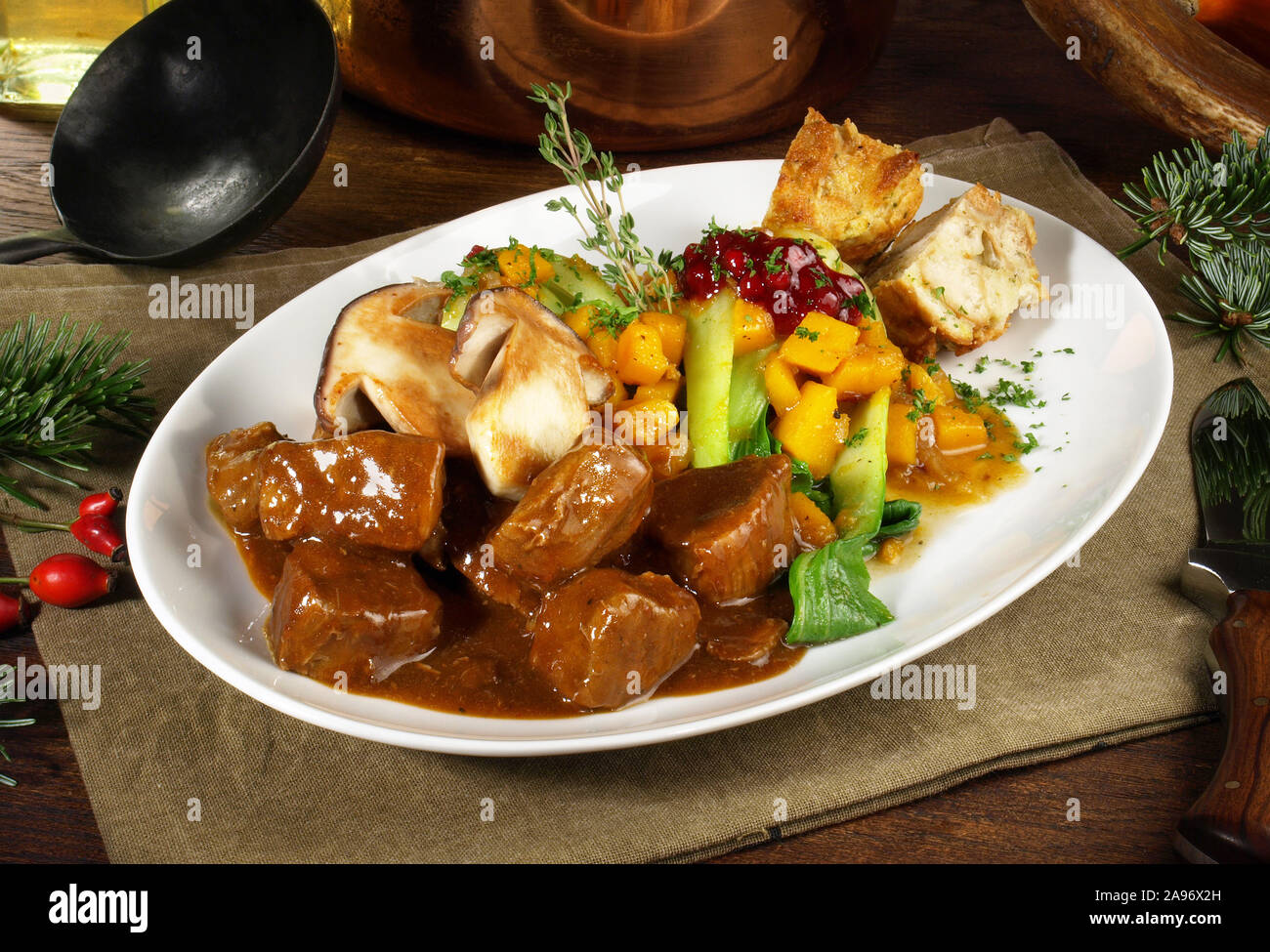 Deer Ragout with Mushrooms - Wild Game Meat Stock Photo