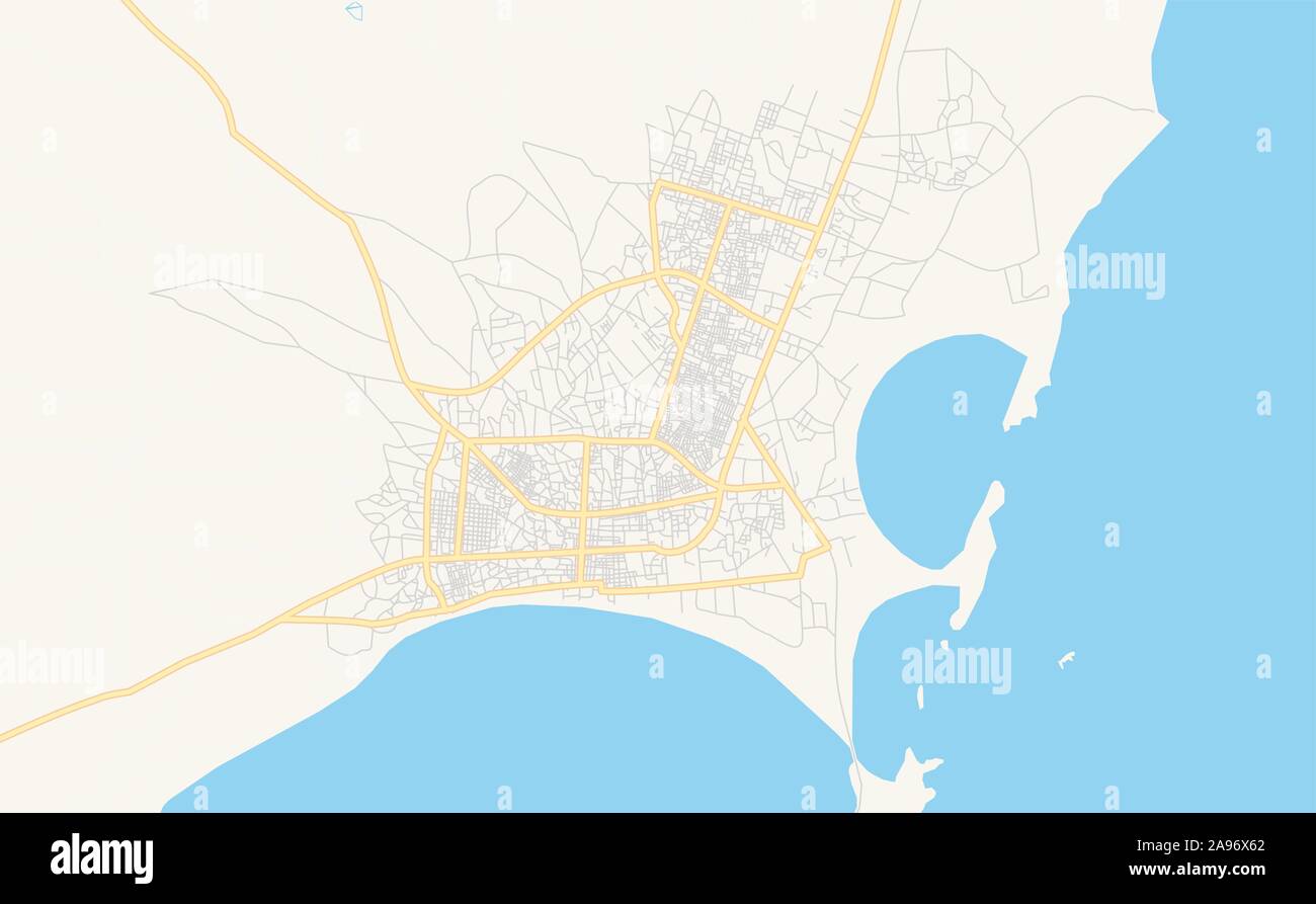 Printable street map of Kismayo, Somalia. Map template for business use. Stock Vector