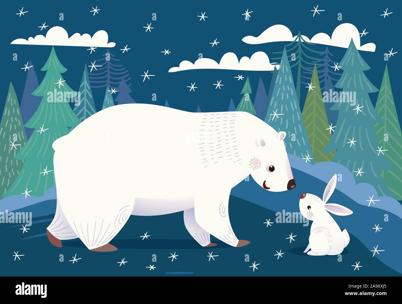 Vector Christmas card with polar bear and baby rabbit Stock