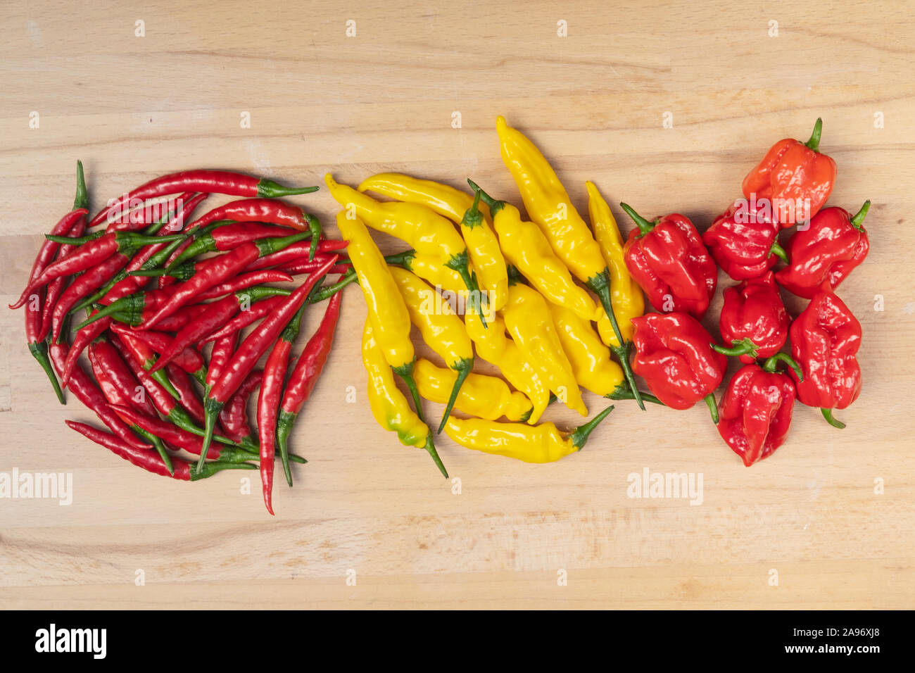 Three varieties of hot chili peppers, red habanero and thai peppers, yellow lemon drop chilli peppers on a wooden table viewed from above Stock Photo