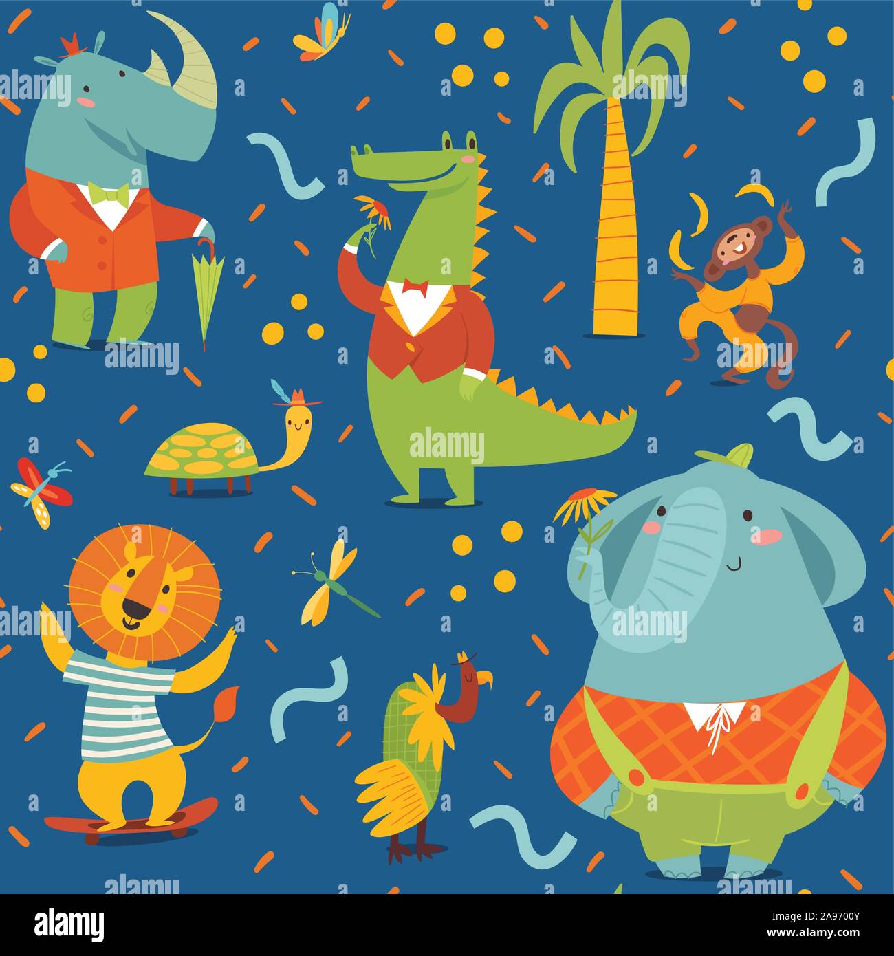 Vector seamless pattern in kids style with cartoon animals Stock Vector