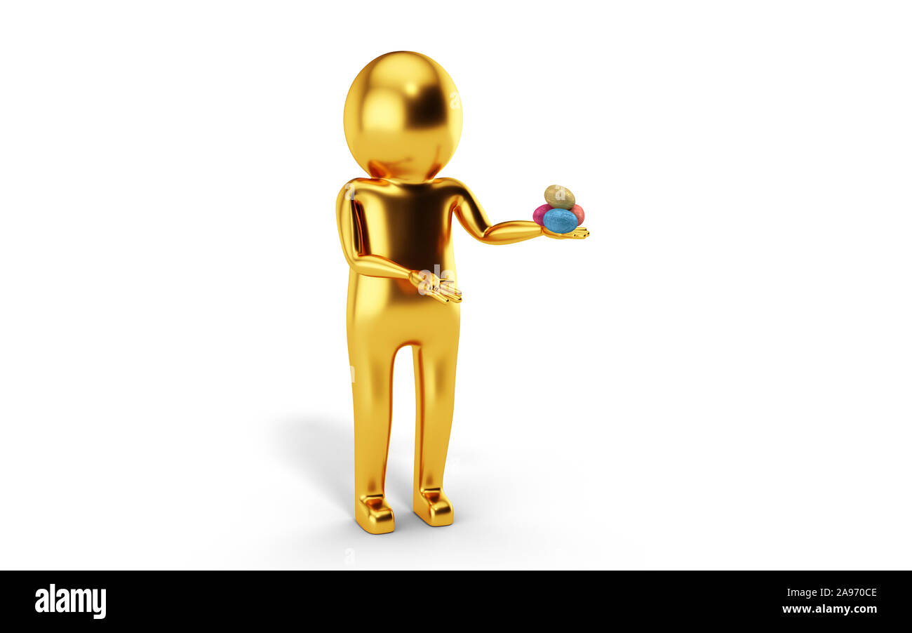 3D Man is holding Easter eggs against white background. 3D rendering. Stock Photo