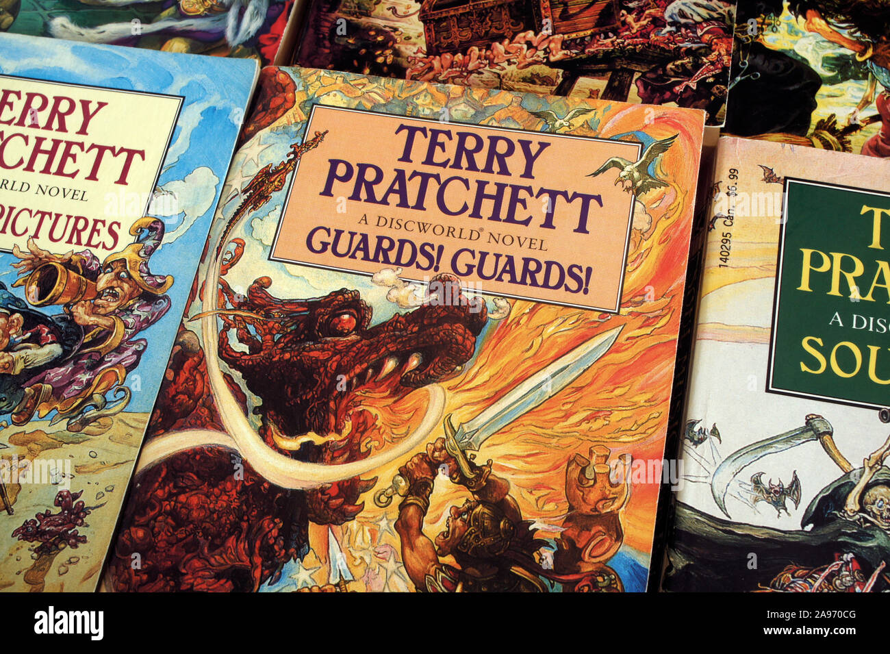 Display of Terry Pratchett Discworld Secondhand Paperbacks. Stock Photo