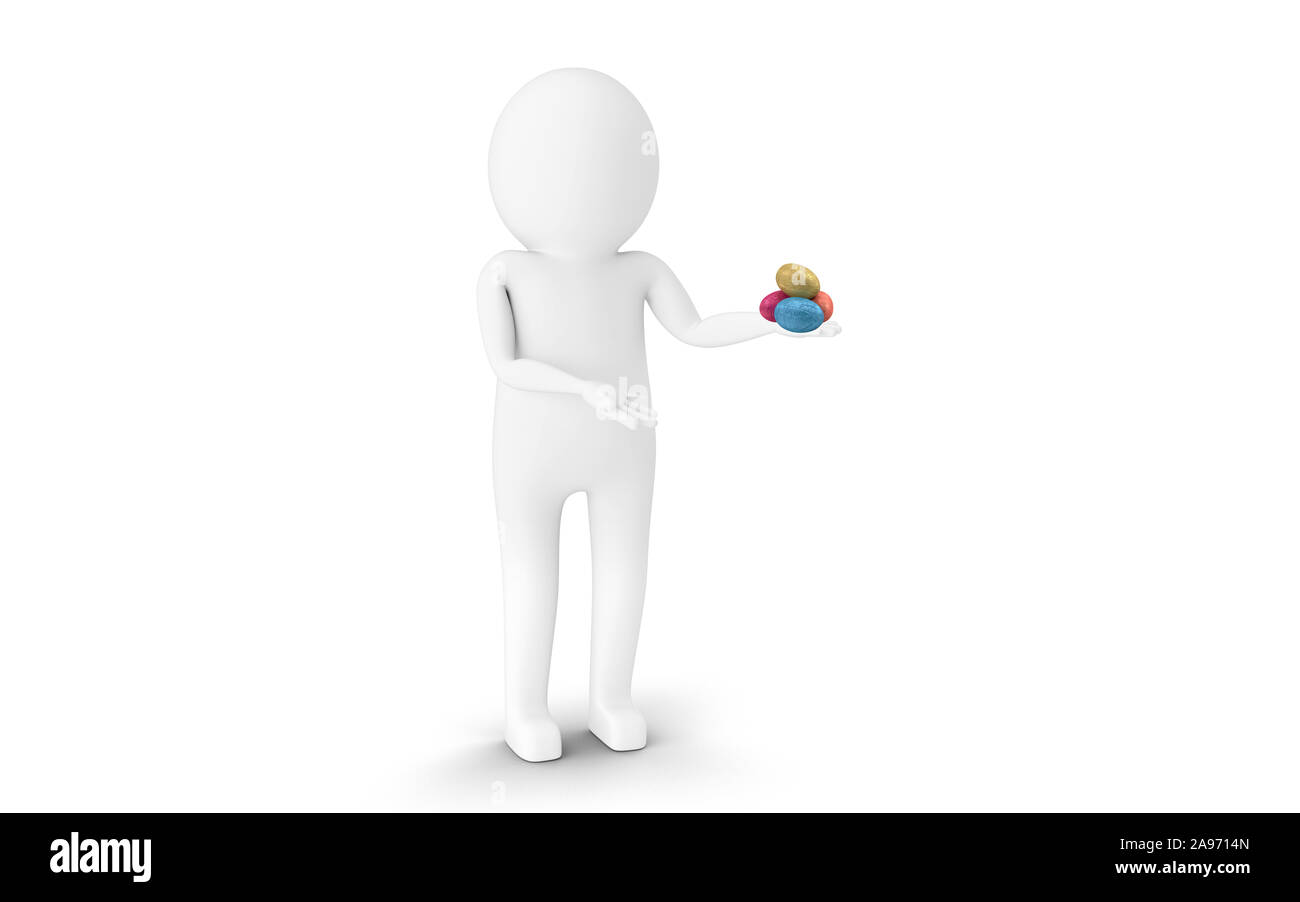 3D Man is holding Easter eggs against white background. 3D rendering. Stock Photo