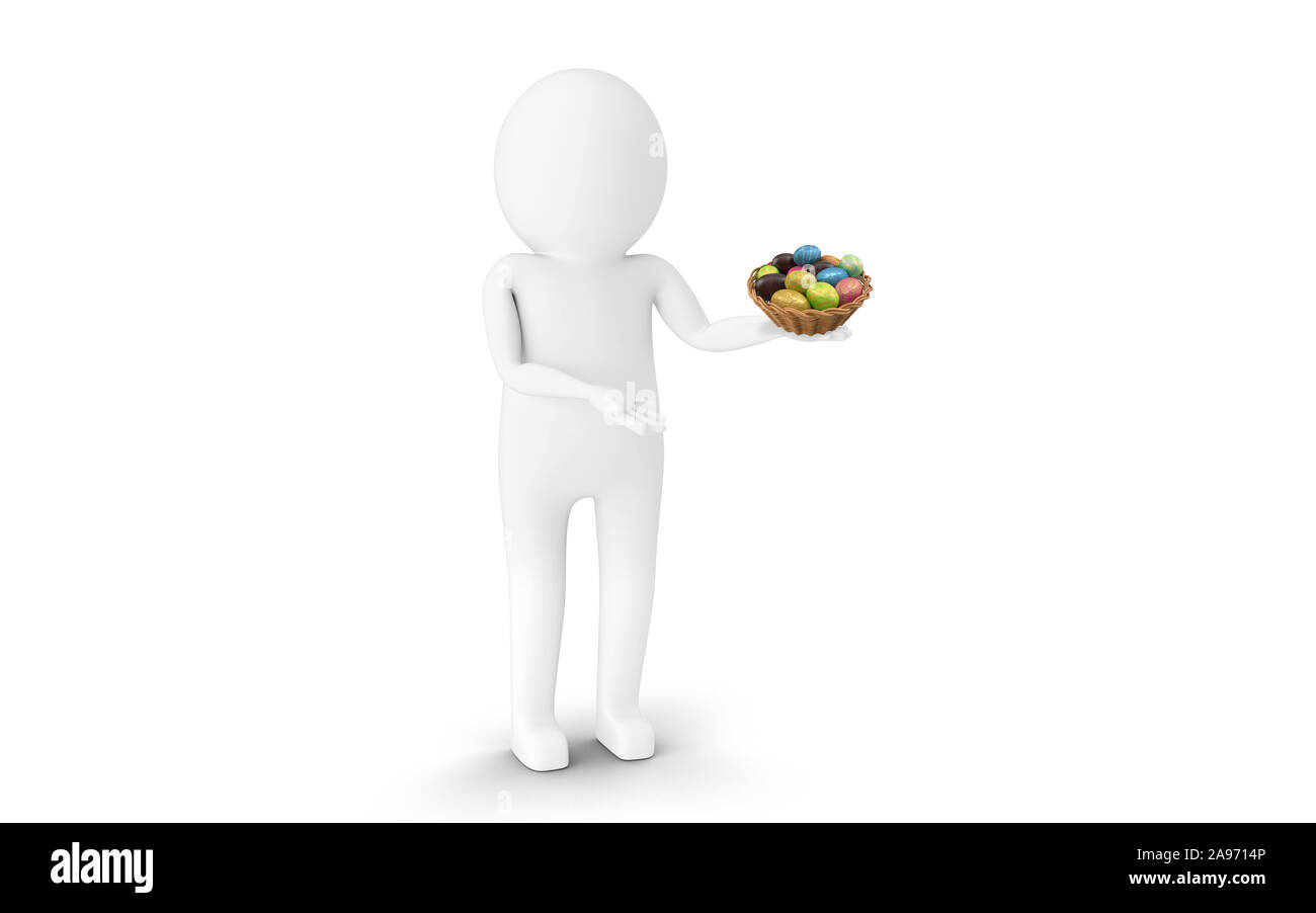 3D Man is holding Easter eggs in a basket against white background. 3D rendering. Stock Photo