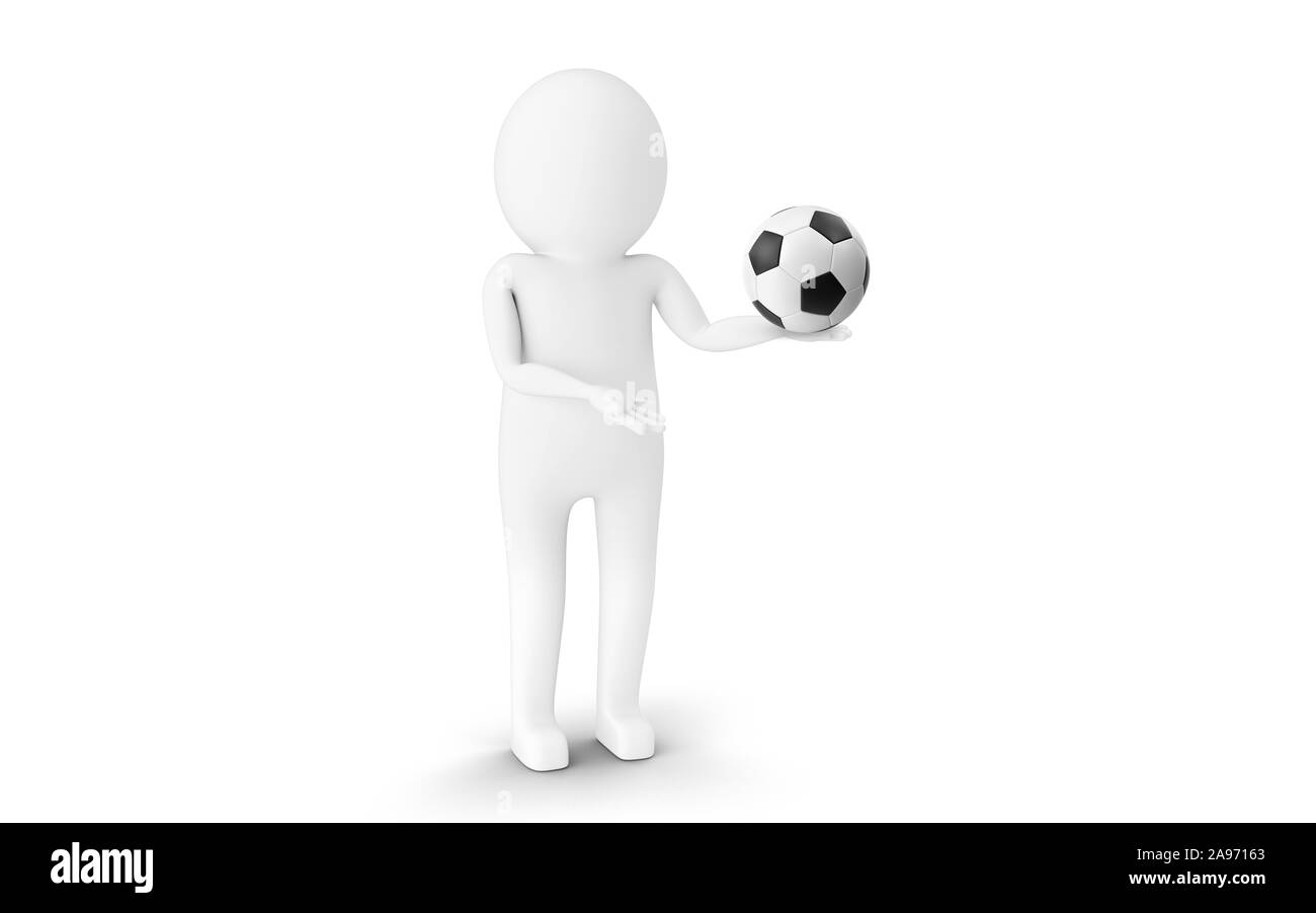 3D Man is holding soccer ball against white background. 3D rendering. Stock Photo