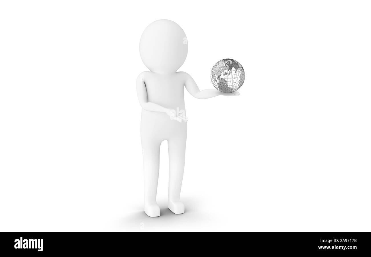 3D Man is holding a globe against white background. 3D rendering. Stock Photo