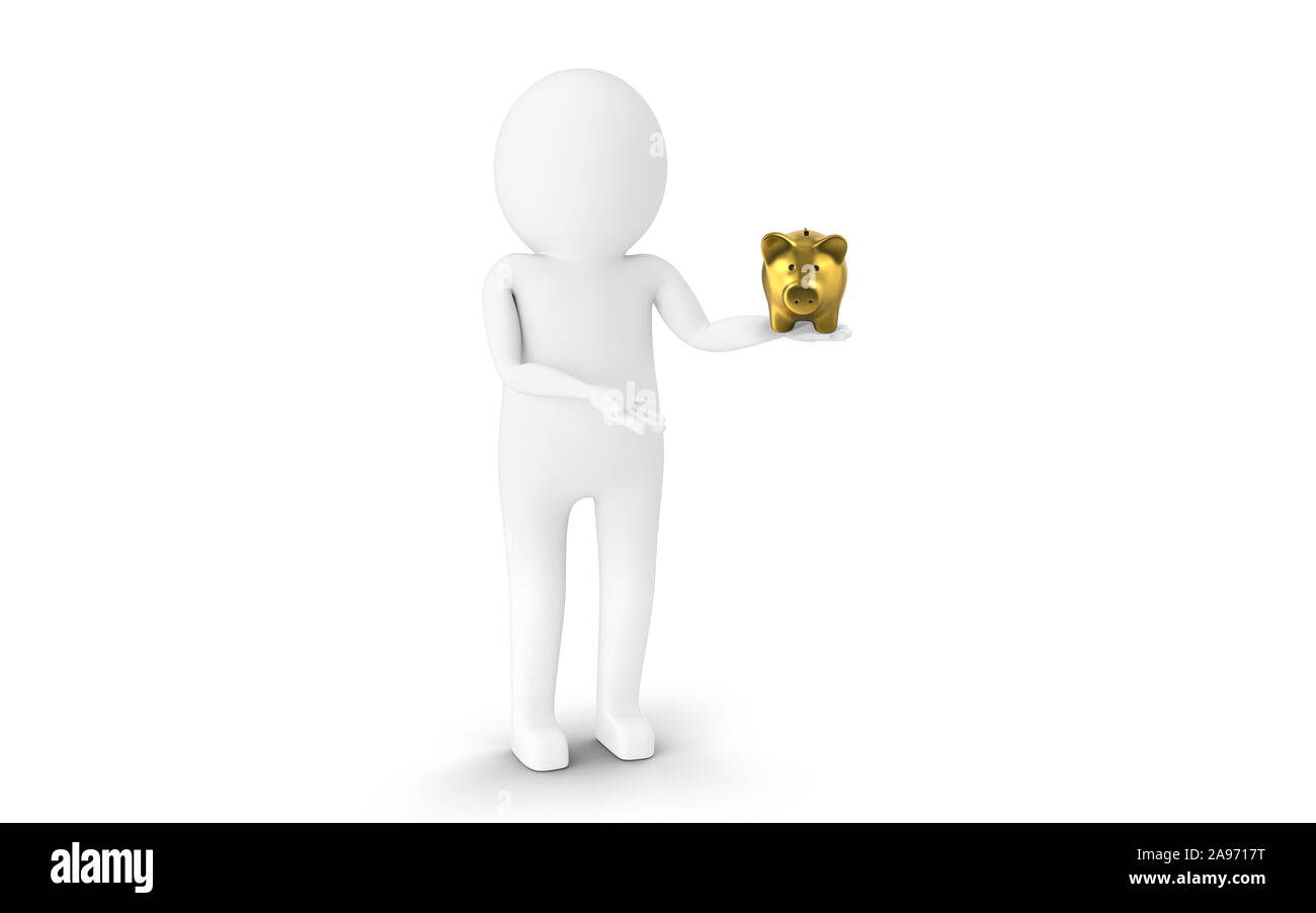 3D Man is holding Piggy Bank symbol against white background. 3D ...