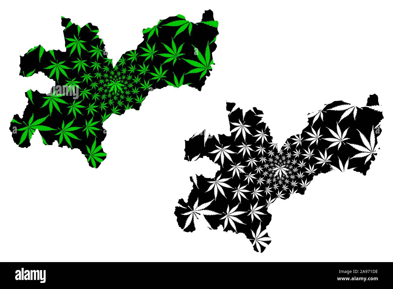 Caldas Department (Colombia, Republic of Colombia, Departments of Colombia) map is designed cannabis leaf green and black, Caldas map made of marijuan Stock Vector