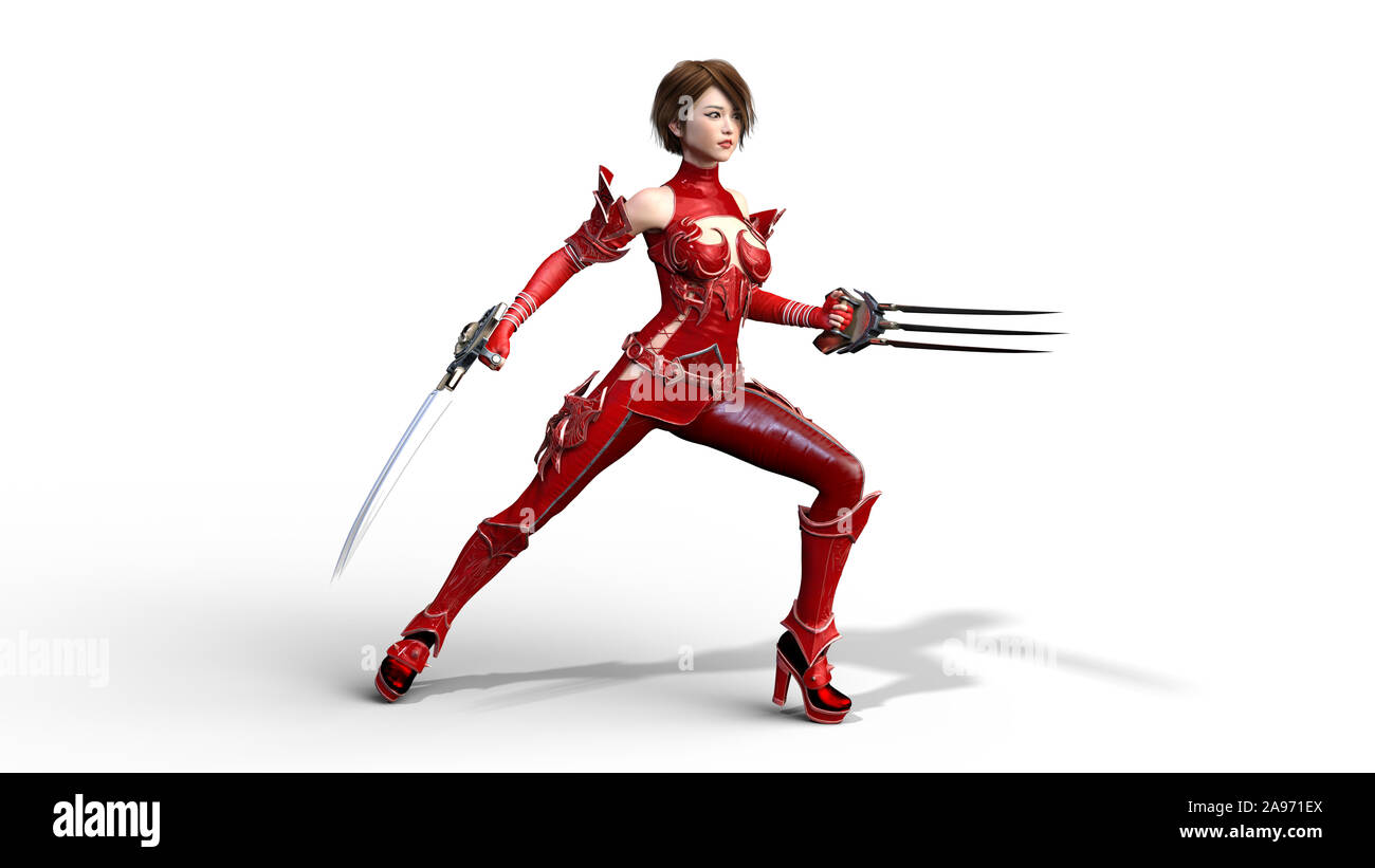 Asian warrior girl with claw blades performing martial arts, fighting