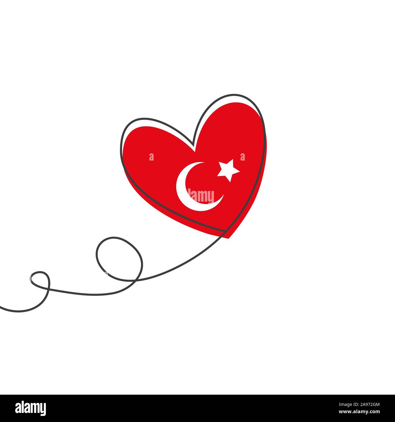 Heart shaped balloon in continuous drawing lines and glitch red heart in a flat style in continuous drawing lines and Turkish flag. Continuous black Stock Vector