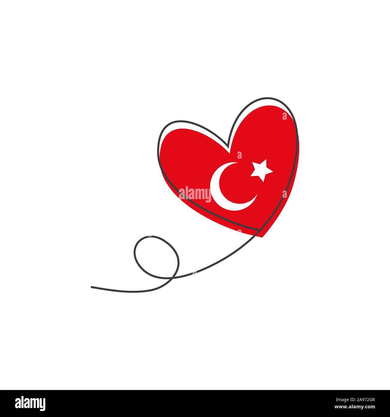 Heart shaped balloon in continuous drawing lines and glitch red heart in a flat style in continuous drawing lines and Turkish flag. Continuous black Stock Vector