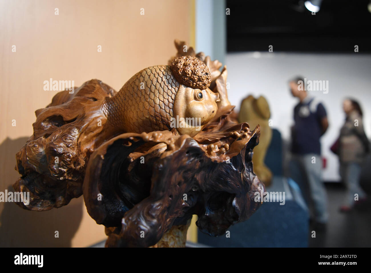 191113) -- MIAOLI, Nov. 13, 2019 (Xinhua) -- Photo taken on Nov. 13, 2019  shows a wood carving work during an exhibition at the Sanyi Wood Sculpture  Museum in Miaoli County, southeast