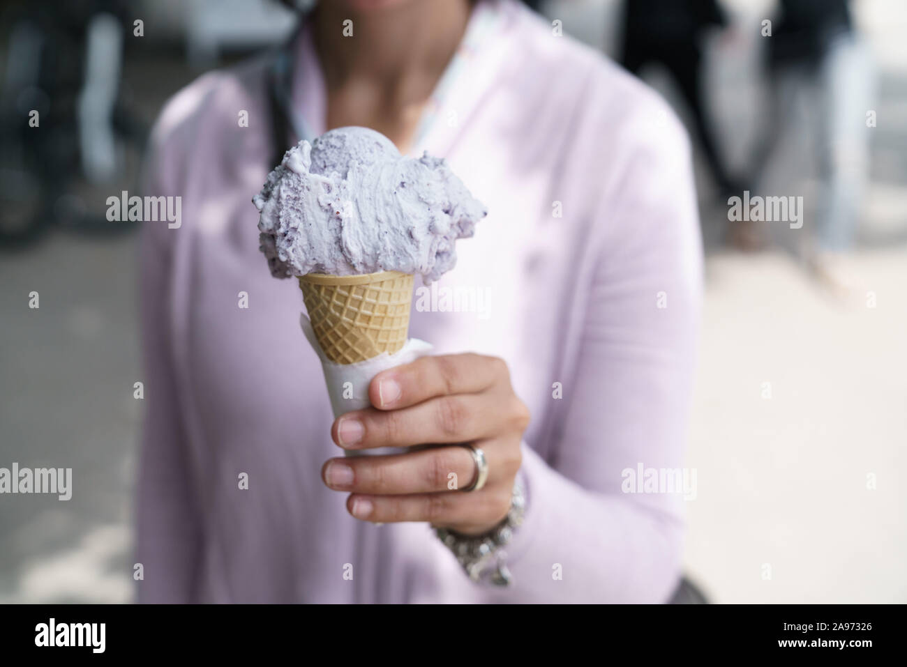 lavender ice-cream in a cone Stock Photo