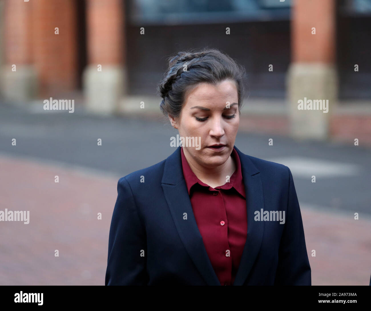 Police constable Mary Ellen Bettley-Smith, who is accused assaulting Dalian  Atkinson on the day he died, arrives at Birmingham Crown Court for a review  hearing. Mr Atkinson, a former Aston Villa footballer,