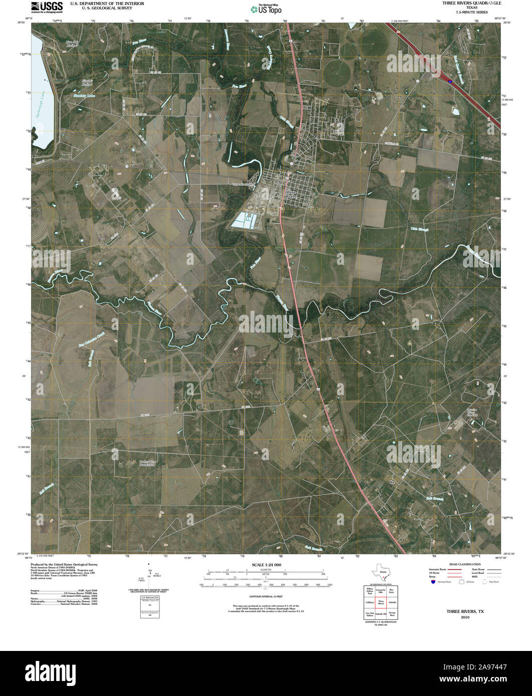 USGS TOPO Map Texas TX Three Rivers 20100524 TM Restoration Stock Photo