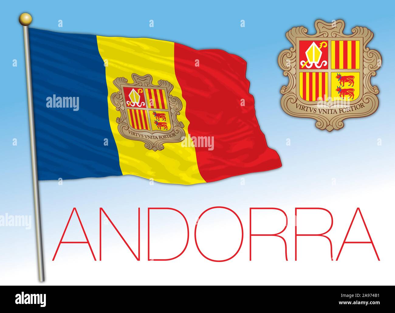Andorra Official Flag And Coat Of Arms Vector Illustration Europe 