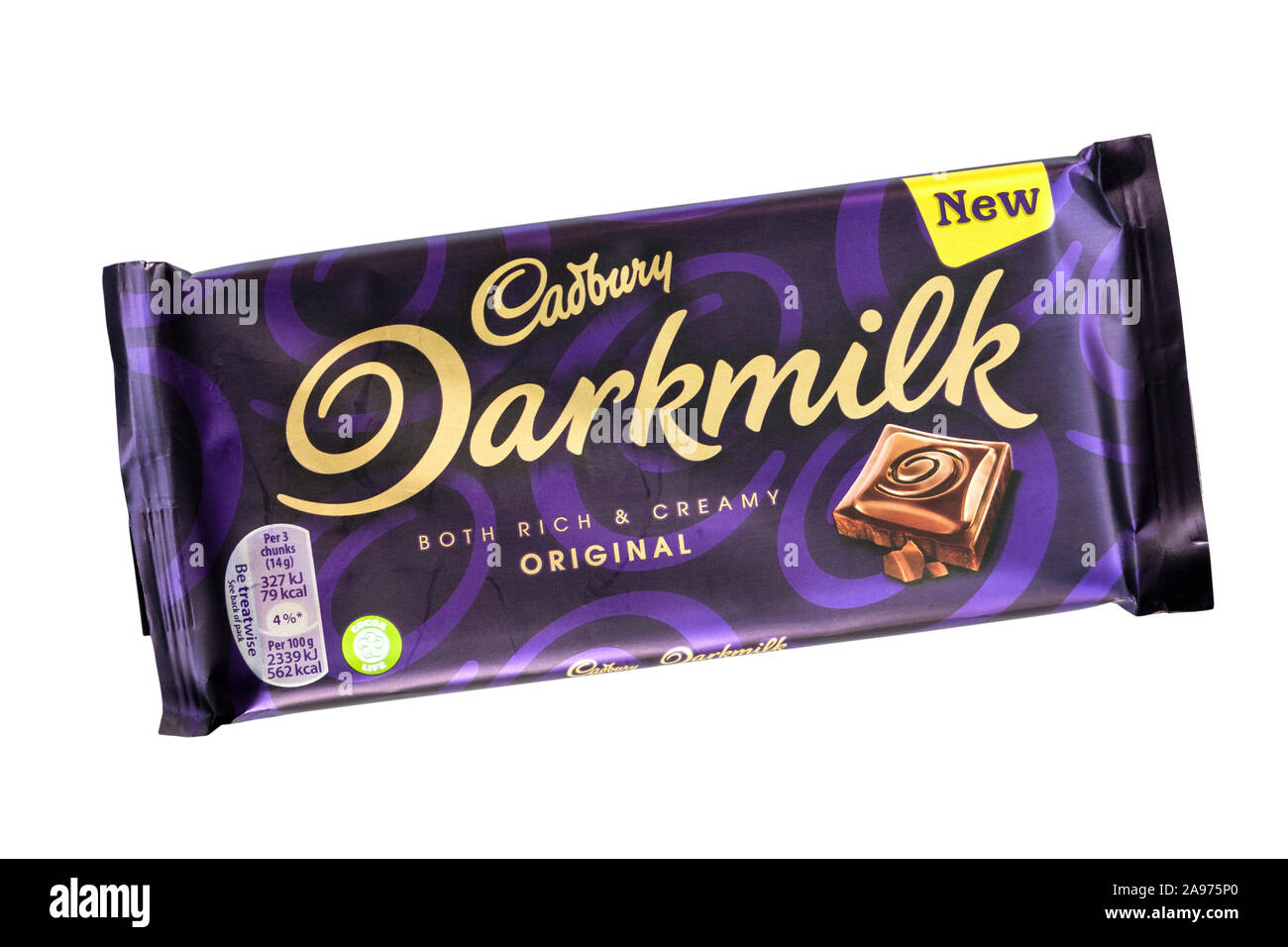 One bar of Cadbury's Darkmilk chocolate unopened in wrapper isolated on white. England UK Britain Stock Photo