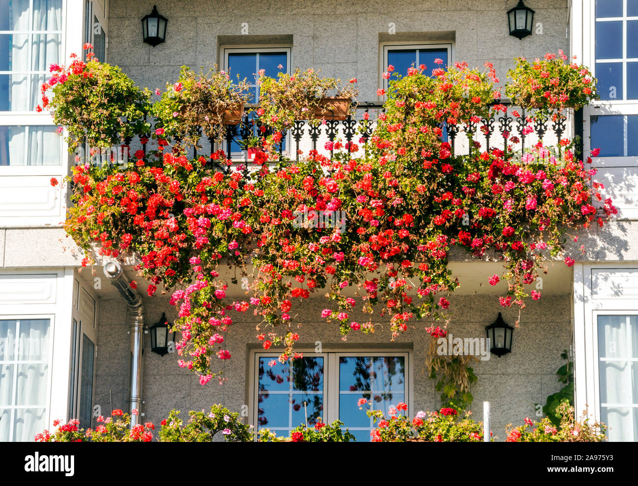 Windows with flowers in the balcony in a wall Stock Photo