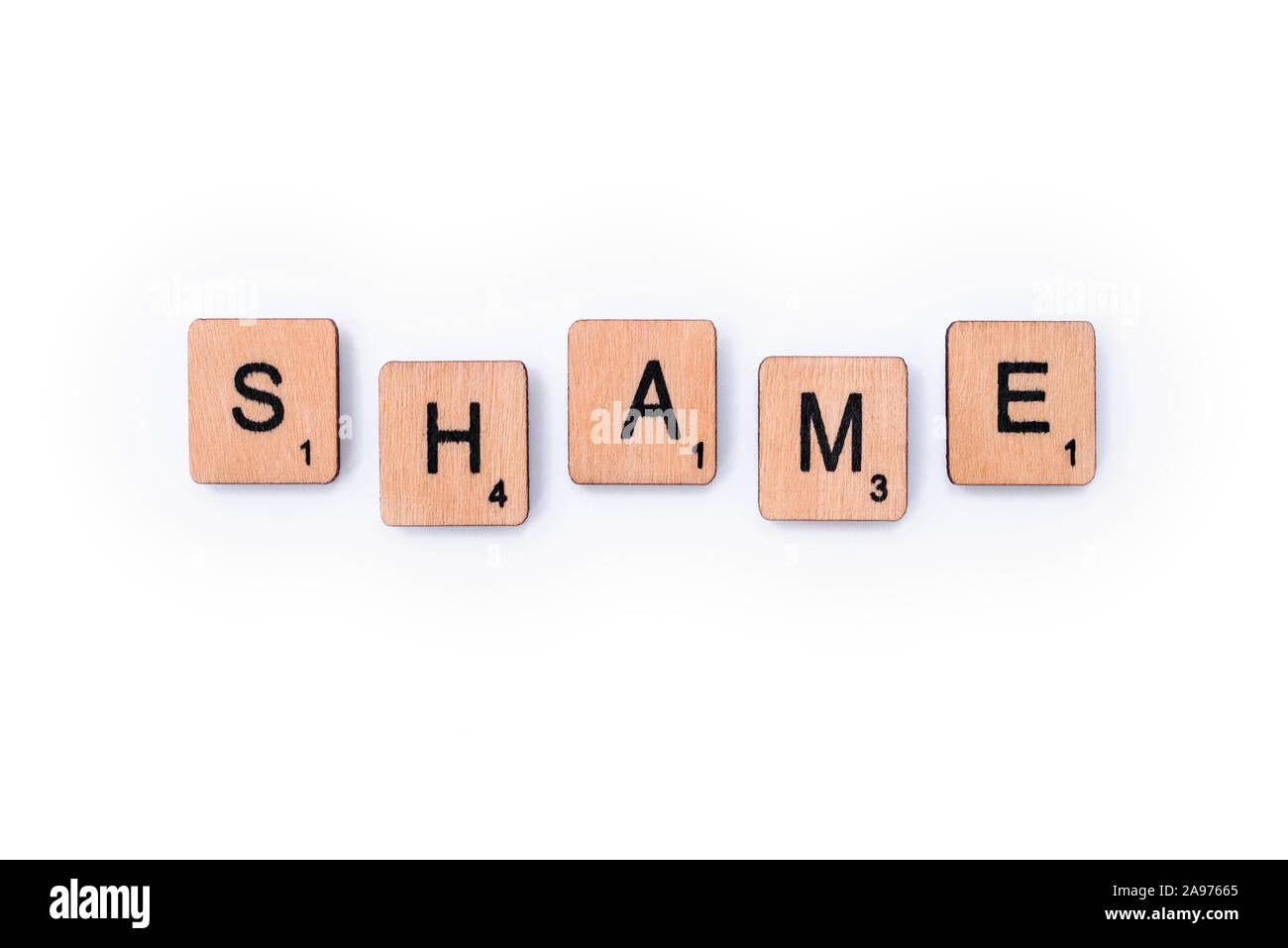 Word Sham London, UK - July 8th 2019: The word SHAME, spelt with wooden letter ...