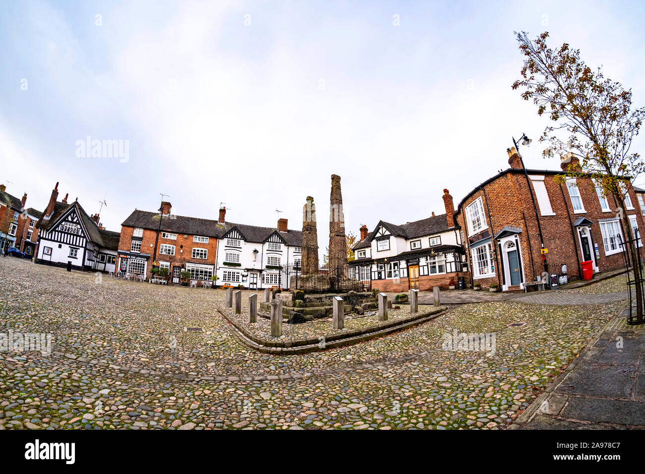 Saxon crosses on the market square in Sandbach Cheshire UK Stock Photo