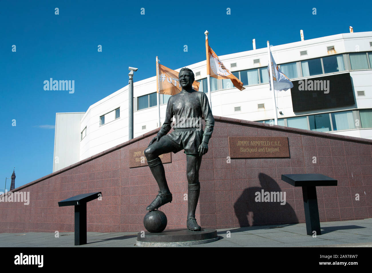 The Jimmy Armfield Statue in Bloomfield Road, Blackpool outside Blackpool Football Club Stock Photo