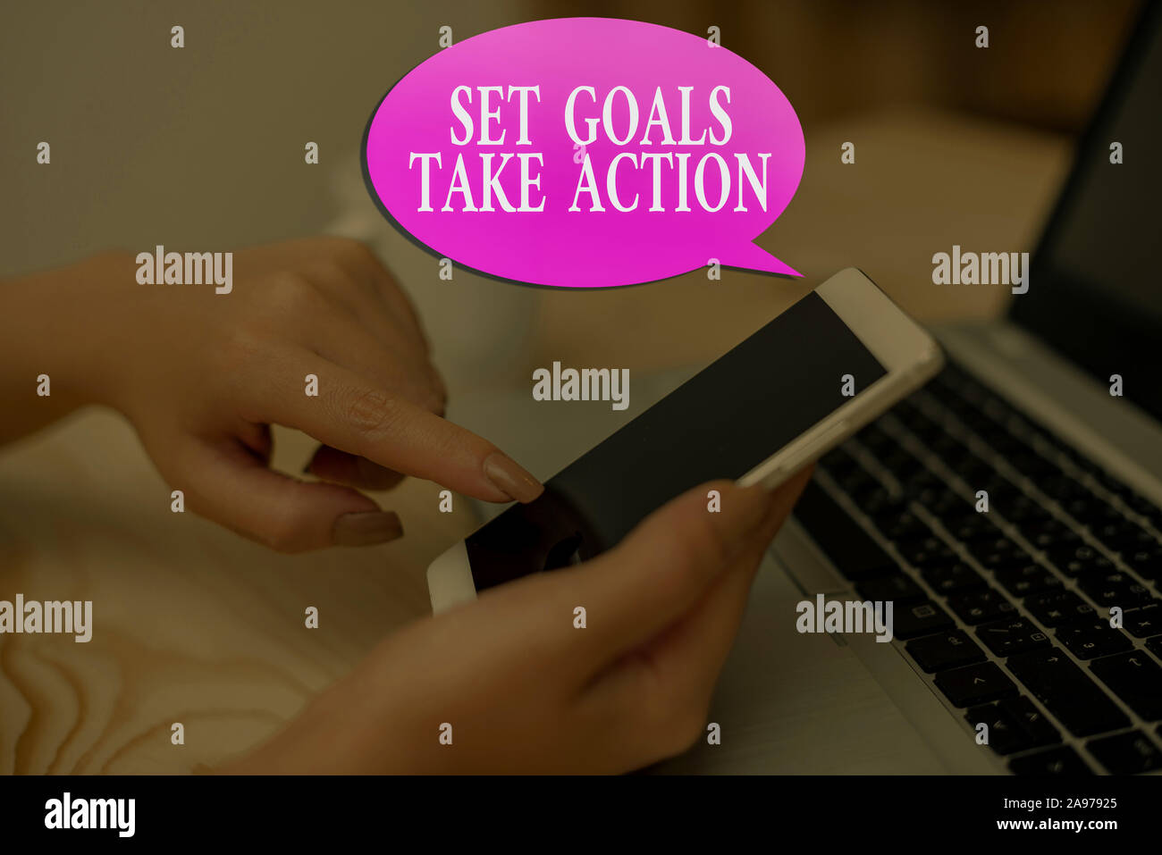 Conceptual hand writing showing Set Goals Take Action. Concept meaning Act on a specific and clearly laid out plans Stock Photo