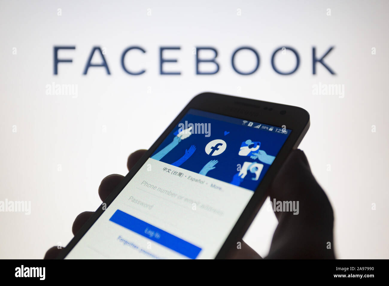Asuncion Paraguay 13th Nov 19 Facebook Mobile Device App Displaying Its Logo On The User Account Login Page Is Seen On A Smartphone Screen Against Facebook Company Wordmark Unfocused On Background Credit Asuncion Paraguay 13th Nov 19 Facebook Mobile Device App Displaying Its Logo On The User Account Login Page Is Seen On A Smartphone Screen Against Facebook Company Wordmark Unfocused On Background Credit