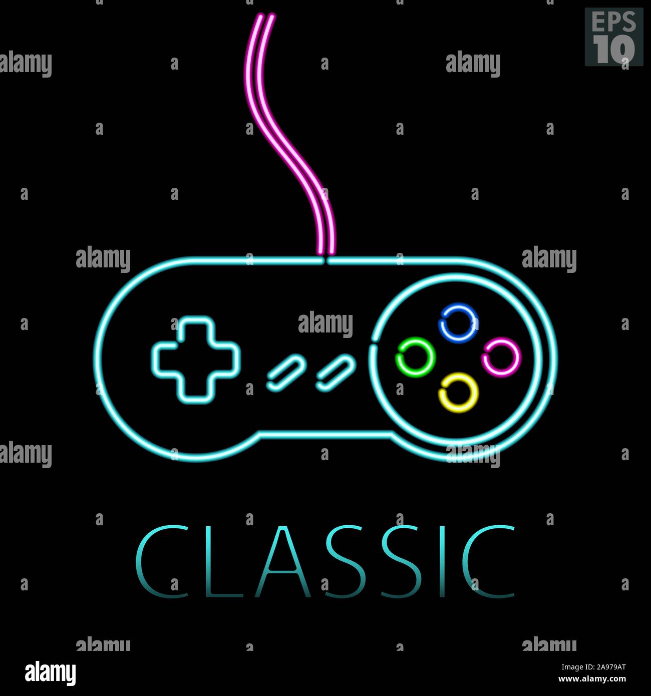 Video game controller with directional pad, select, start and push buttons in neon glow style for classic gaming. Stock Vector