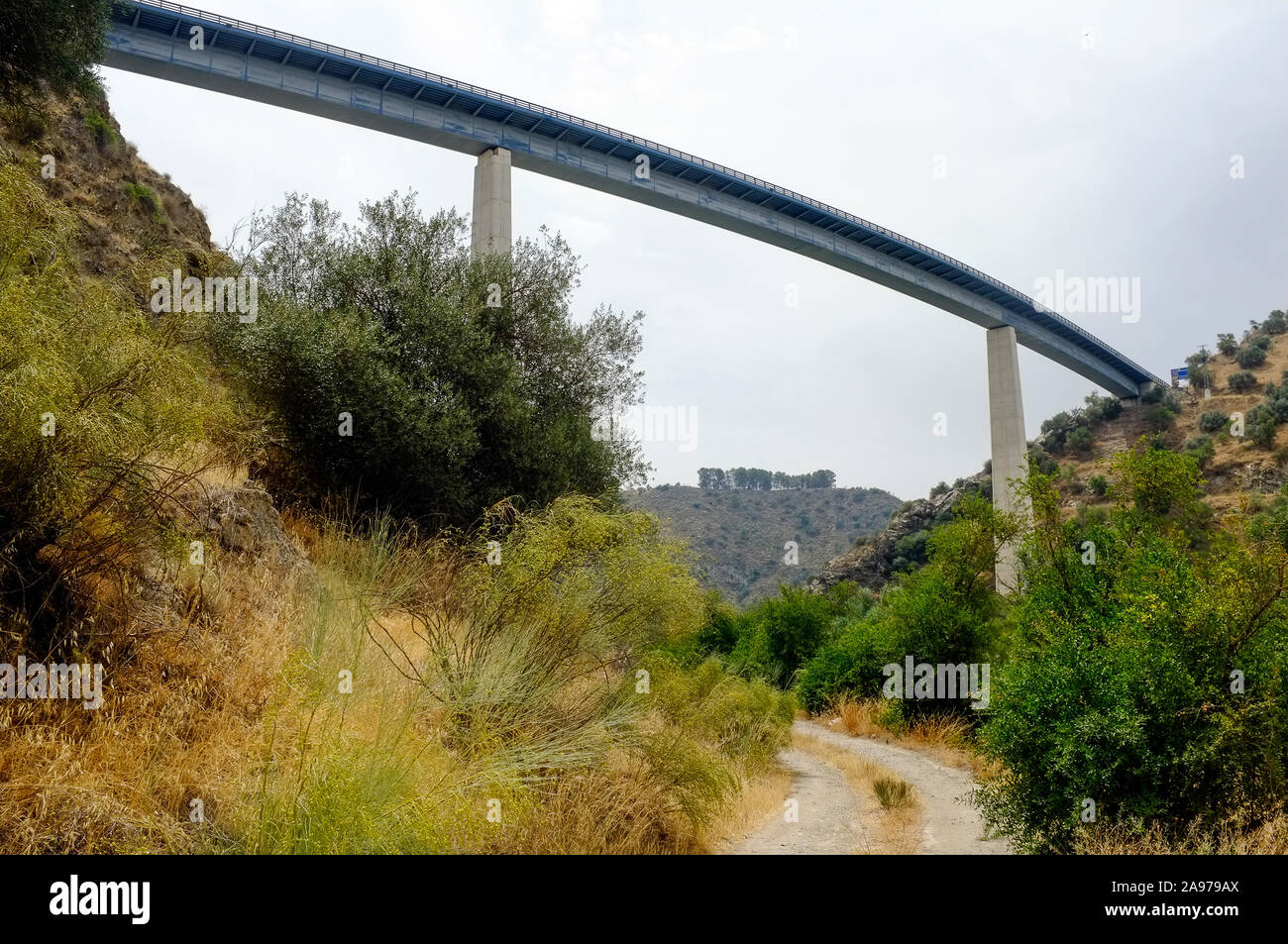 The viaduct on the A45 motorway between Malaga and Cordoba, seen from the valley floor near Benameji, Andalucia, Spain Stock Photo