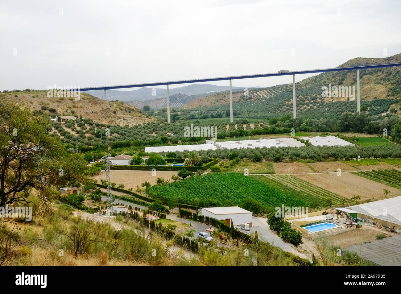 The viaduct on the A45 motorway between Malaga and Cordoba, seen from the valley floor near Benameji, Andalucia, Spain Stock Photo